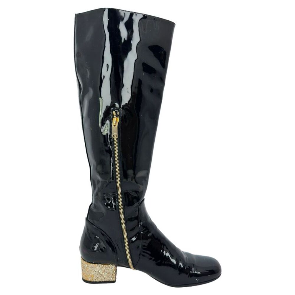 Saint Laurent Glitter Heel Knee High Boots in Black Patent Leather